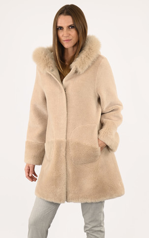Manteau réversible laine et renard beige