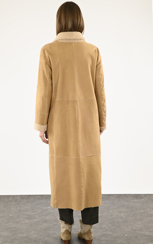 Long manteau réversible merinillo camel/beige