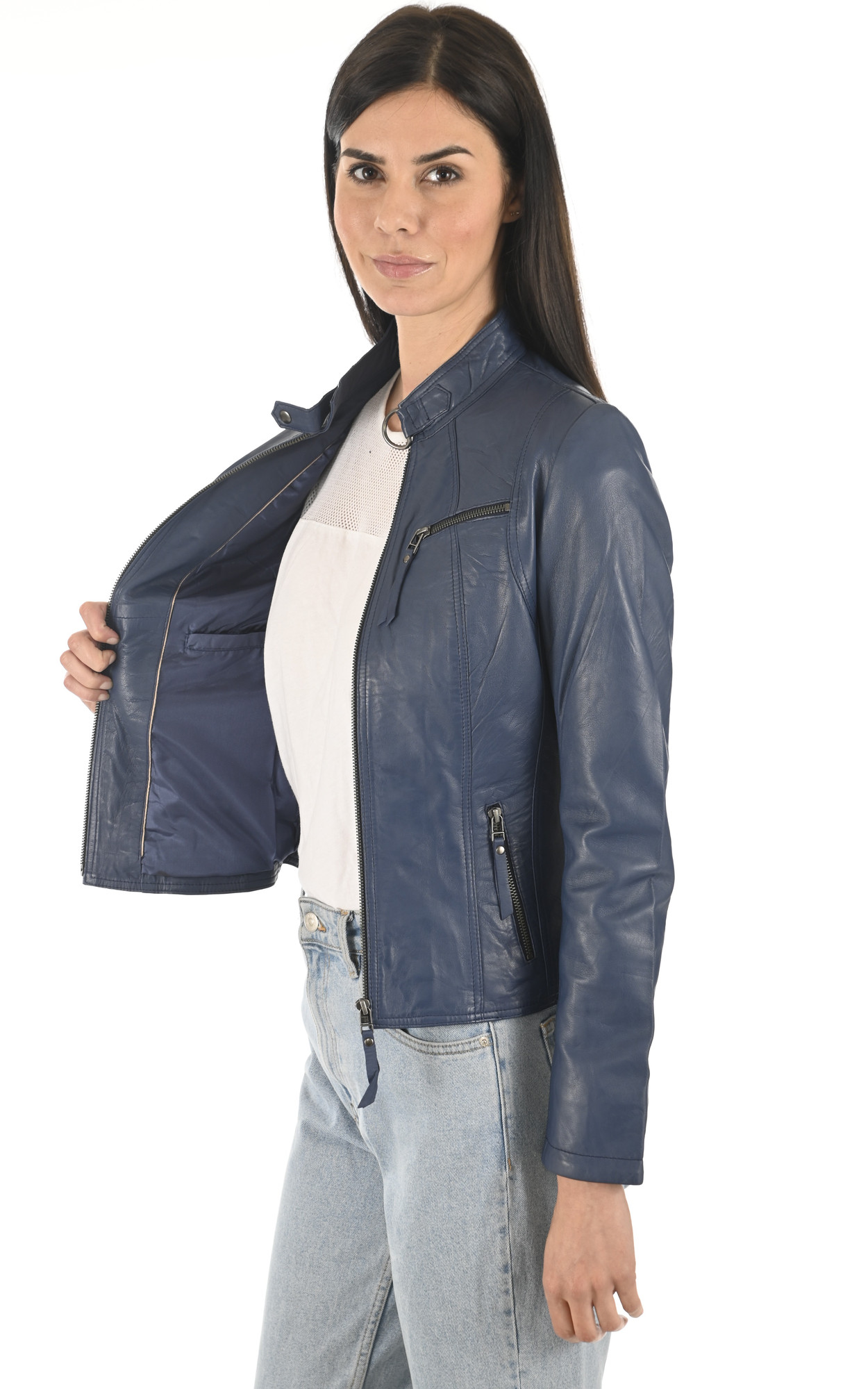 Blouson cuir femme online bleu marine