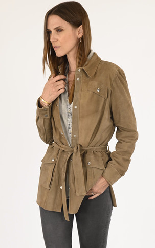 Veste cuir velours saharienne taupe