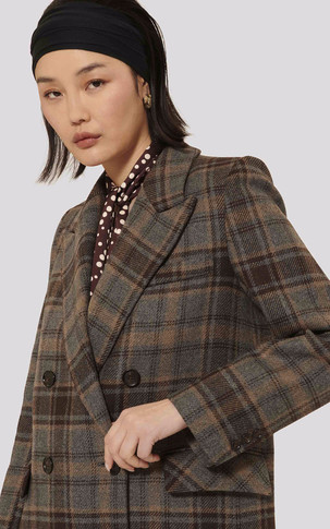 Manteau en laine tartan marron