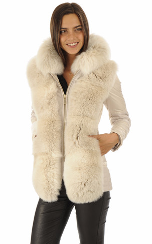 Doudoune beige bordée renard