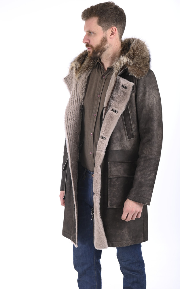 Manteau en laine d'agneau et marmotte taupe Artico