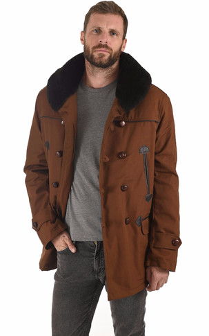 Manteau homme, long, avec fourrure au col, coupe cintrée - PT399