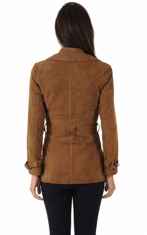 Trench court cuir velours tabac