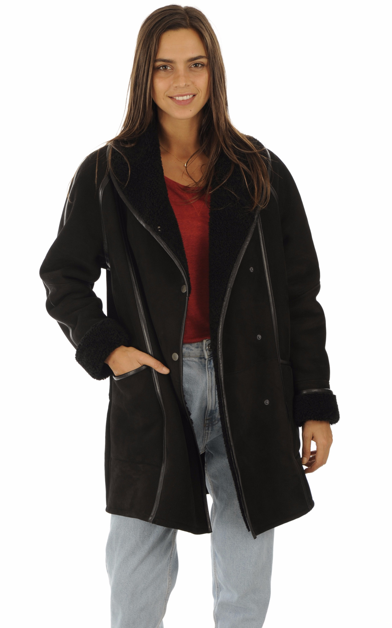 Manteau peau lainee merinos noir La Canadienne La Canadienne Manteaux et 7 8 Peau Lainee Noir