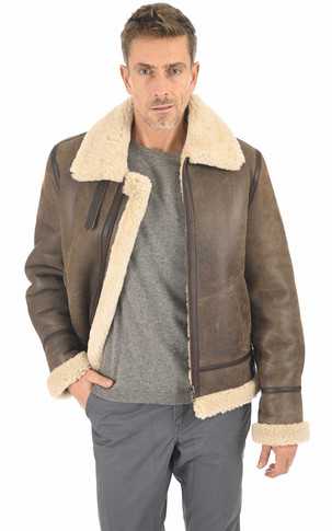 Manteau homme en cuir kaki de mouton retournée laine noir style grunge chic