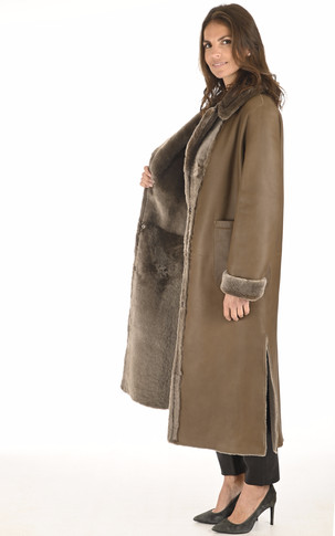 Manteau long peau lainée taupe