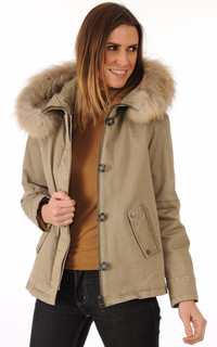 Veste Militaire Capuche Fourrure Kaki Clair