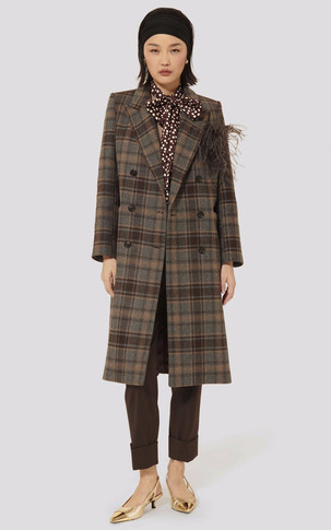 Manteau en laine tartan marron