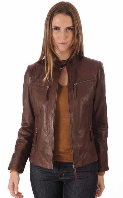 Blouson Cuir Femme Marron Col Mao La Canadienne La Canadienne