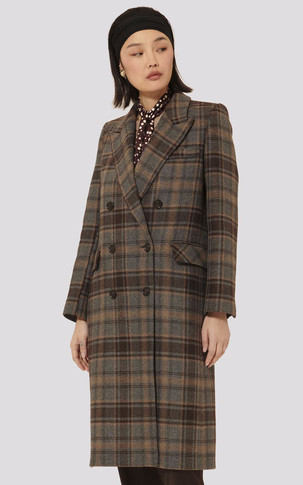 Manteau en laine tartan marron