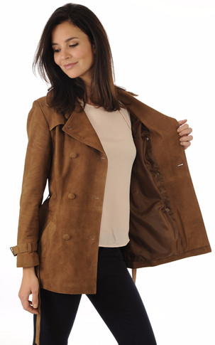 Trench court cuir velours tabac