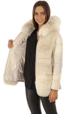 Doudoune beige bordée renard