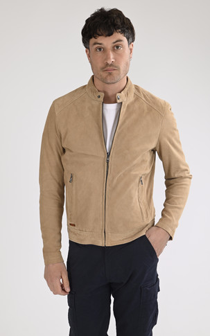 Blouson cuir velours Delf Navy beige